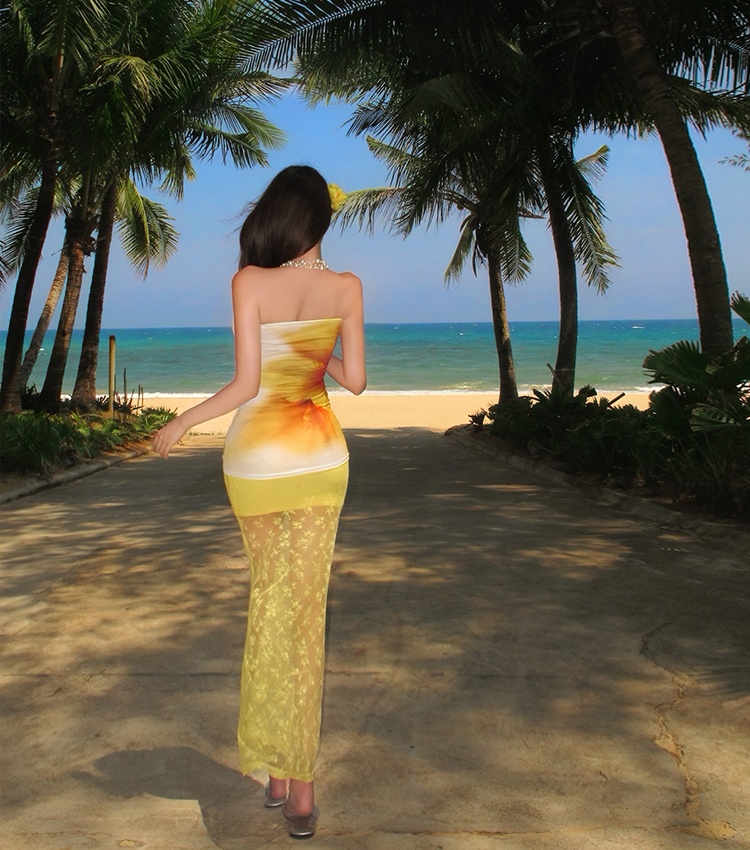 Sexy gauze printing vacation mermaid seaside skirt 2pcs set