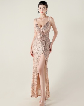 Beading decoration sling evening dress sequins V-neck dress