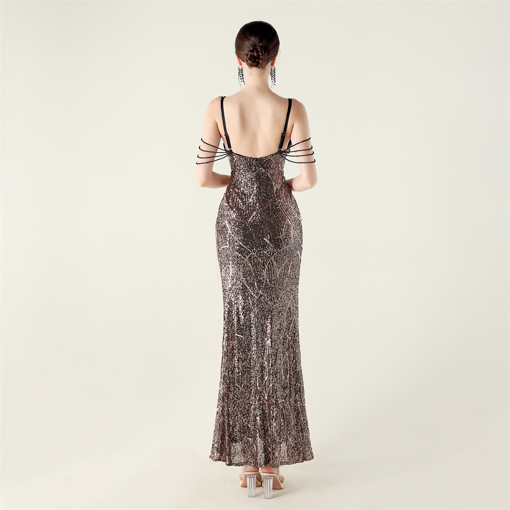 Beading decoration sling evening dress sequins V-neck dress