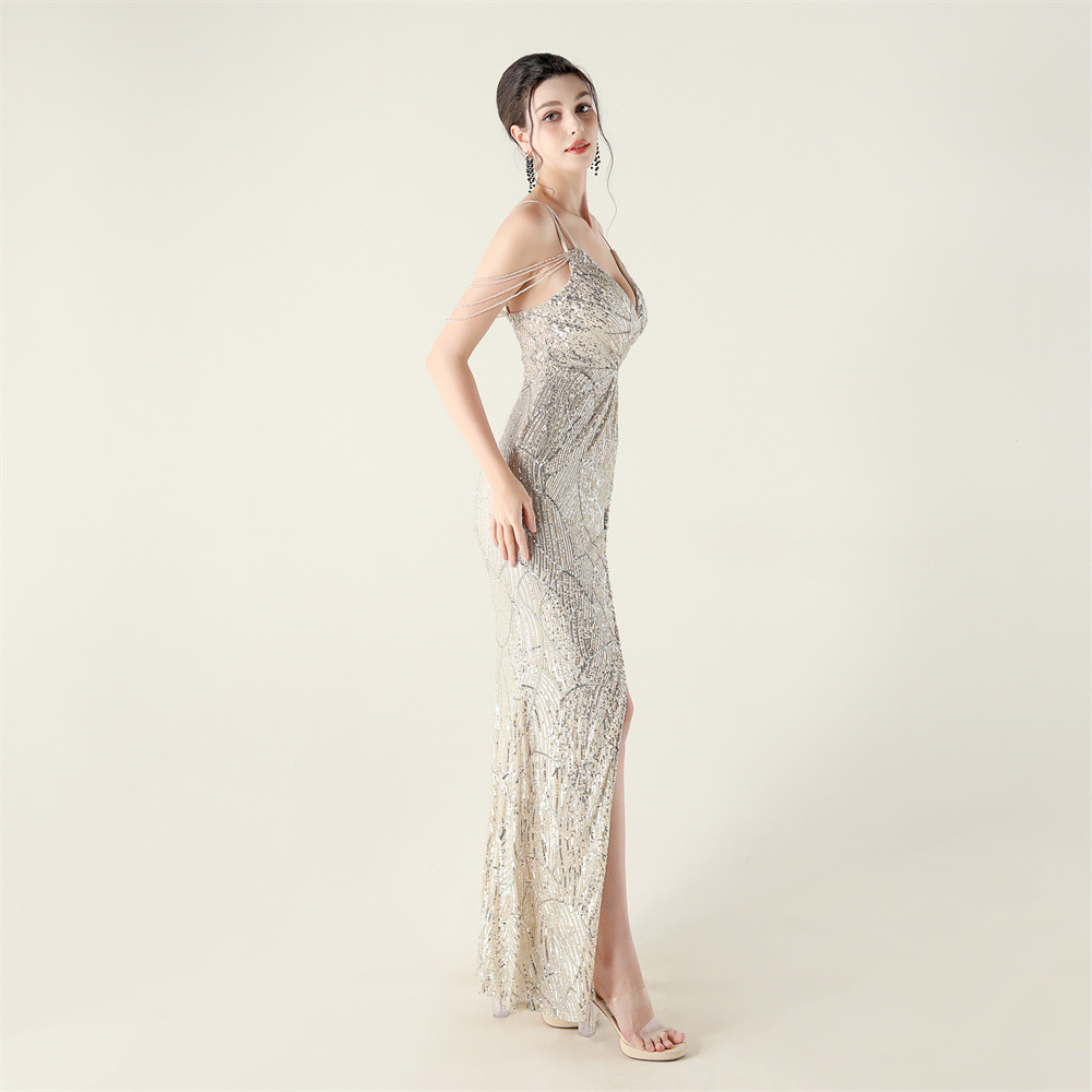 Beading decoration sling evening dress sequins V-neck dress