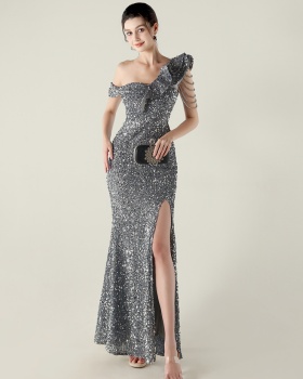 Fold sequins drape beading shoulder chain evening dress