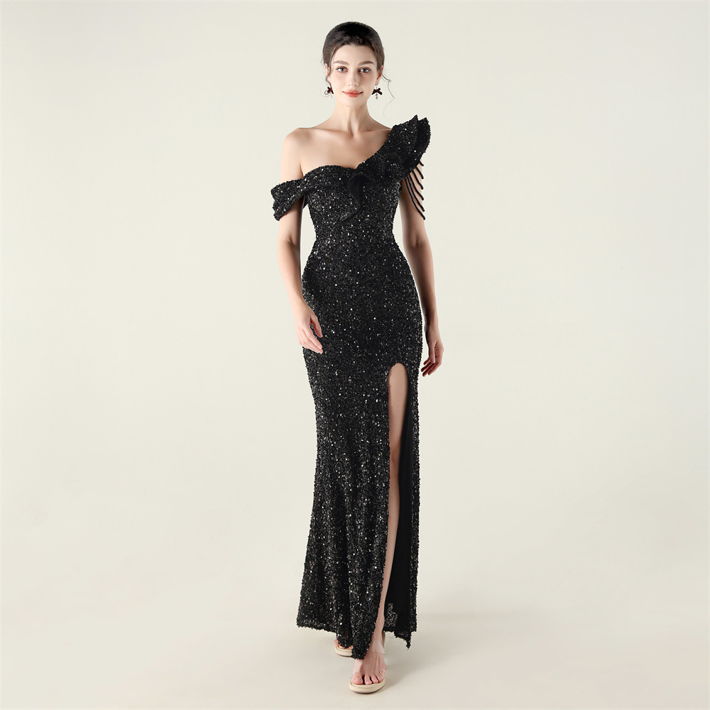 Fold sequins drape beading shoulder chain evening dress