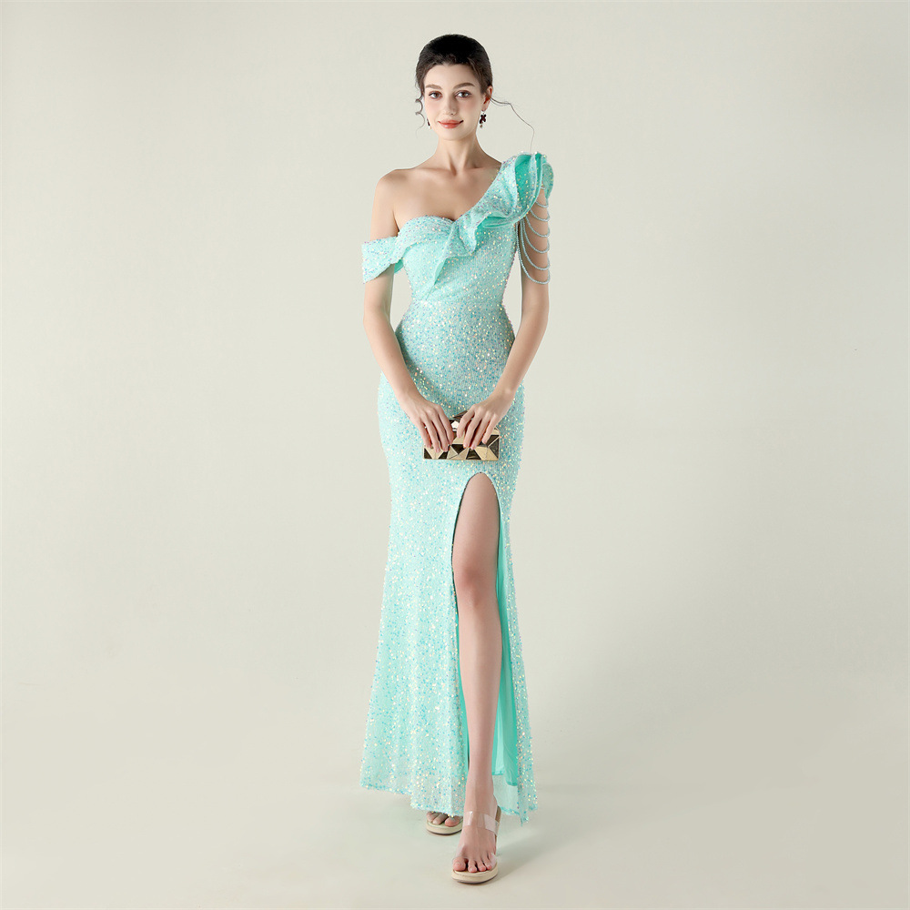 Fold sequins drape beading shoulder chain evening dress