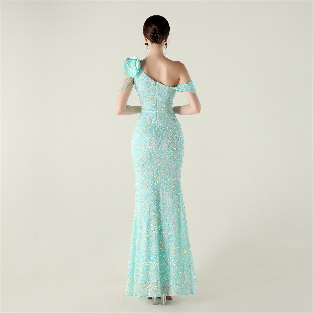 Fold sequins drape beading shoulder chain evening dress