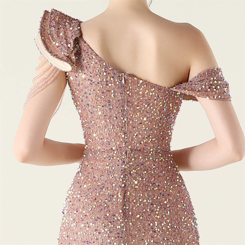 Fold sequins drape beading shoulder chain evening dress