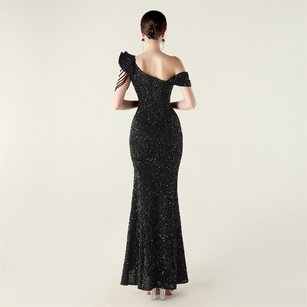 Fold sequins drape beading shoulder chain evening dress