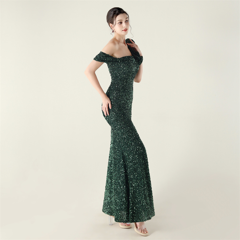 Fold sequins drape beading shoulder chain evening dress