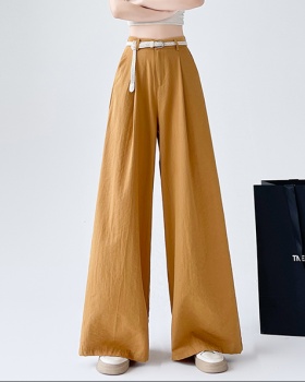 Flax wide leg belt high waist straight long pants for women