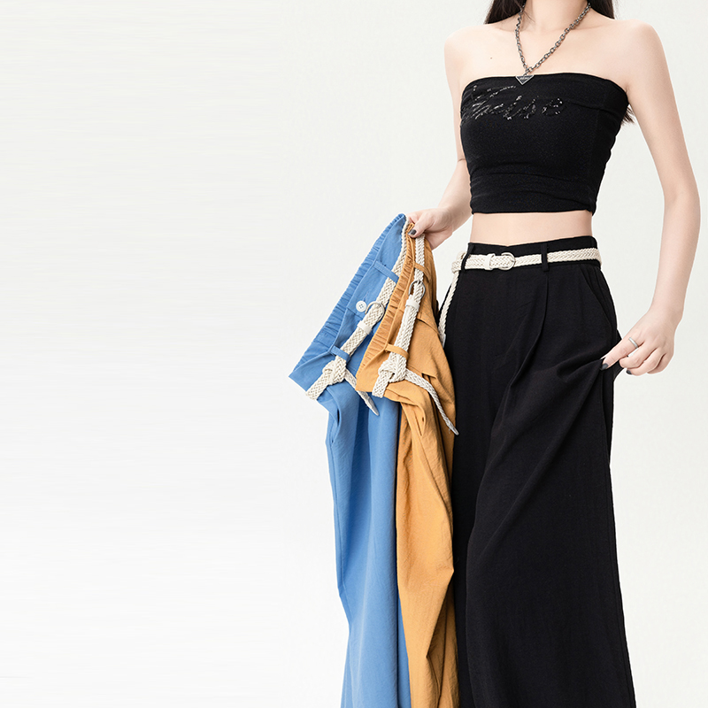 Flax wide leg belt high waist straight long pants for women