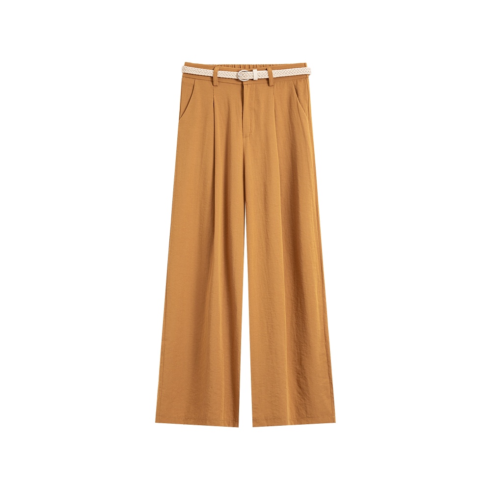 Flax wide leg belt high waist straight long pants for women