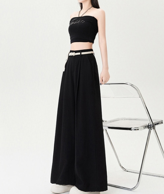 Flax wide leg belt high waist straight long pants for women