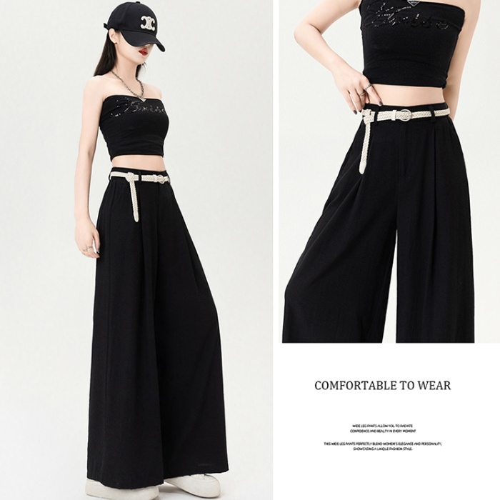 Flax wide leg belt high waist straight long pants for women