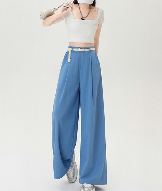Flax wide leg belt high waist straight long pants for women