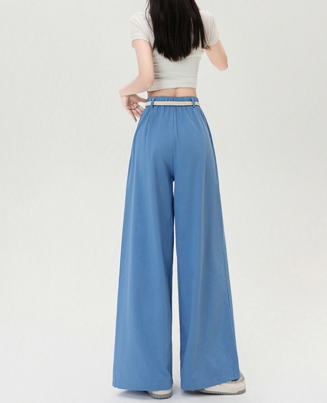 Flax wide leg belt high waist straight long pants for women