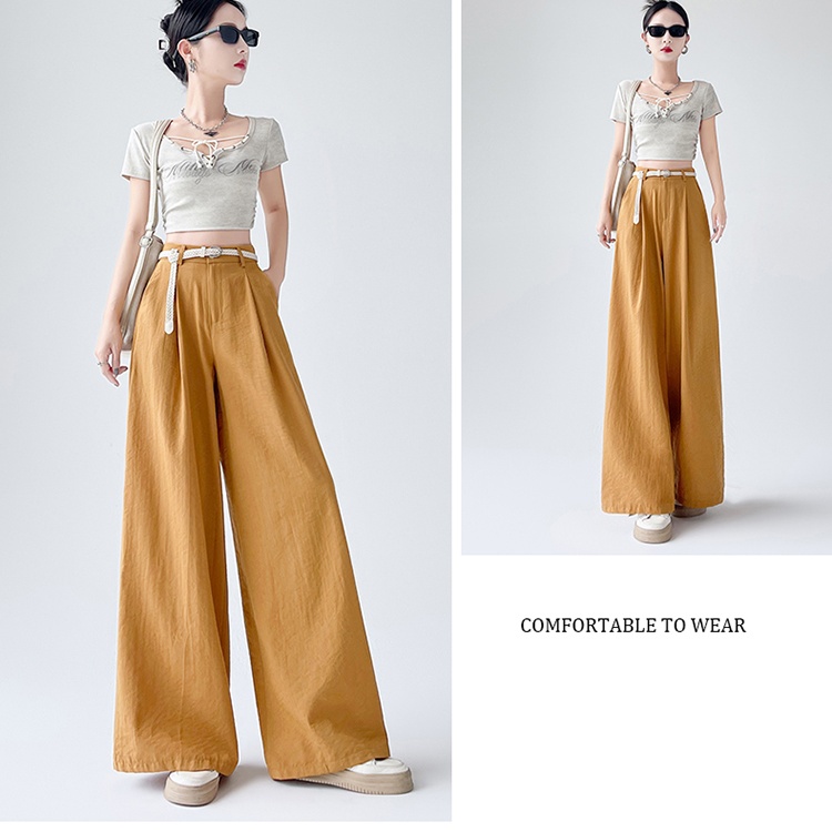 Flax wide leg belt high waist straight long pants for women
