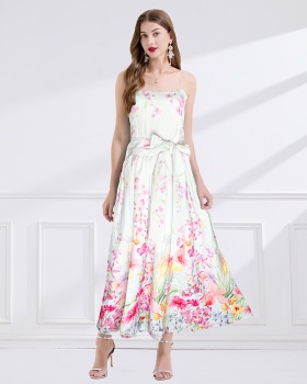 Bow summer sling painted pinched waist printing vacation dress