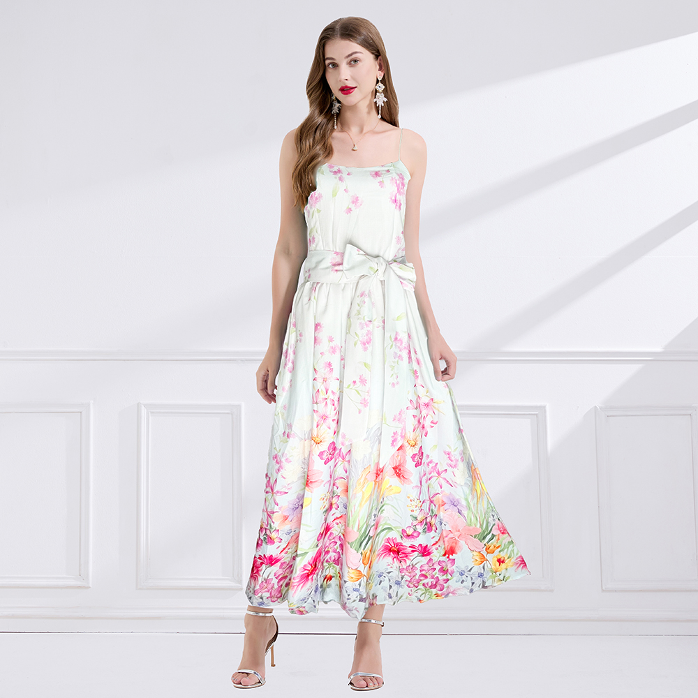 Bow summer sling painted pinched waist printing vacation dress
