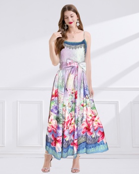 Printing vacation painted bow pinched waist summer dress