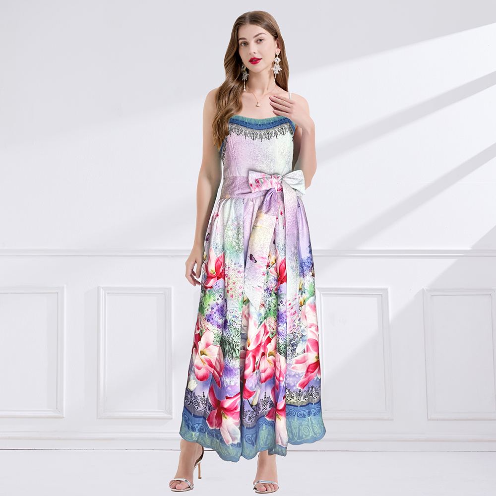 Printing vacation painted bow pinched waist summer dress