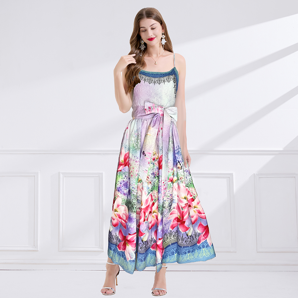 Printing vacation painted bow pinched waist summer dress