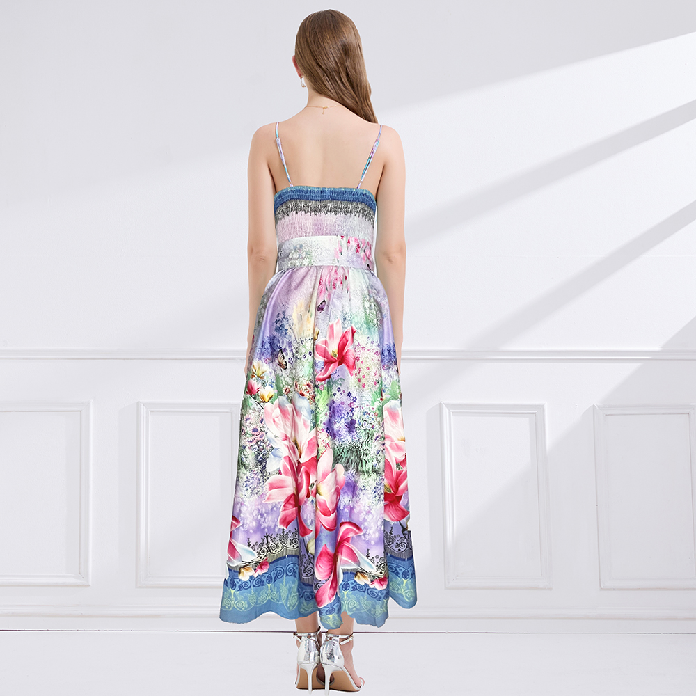 Printing vacation painted bow pinched waist summer dress