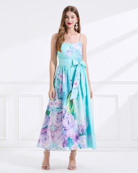 Vacation pinched waist summer sling printing painted bow dress