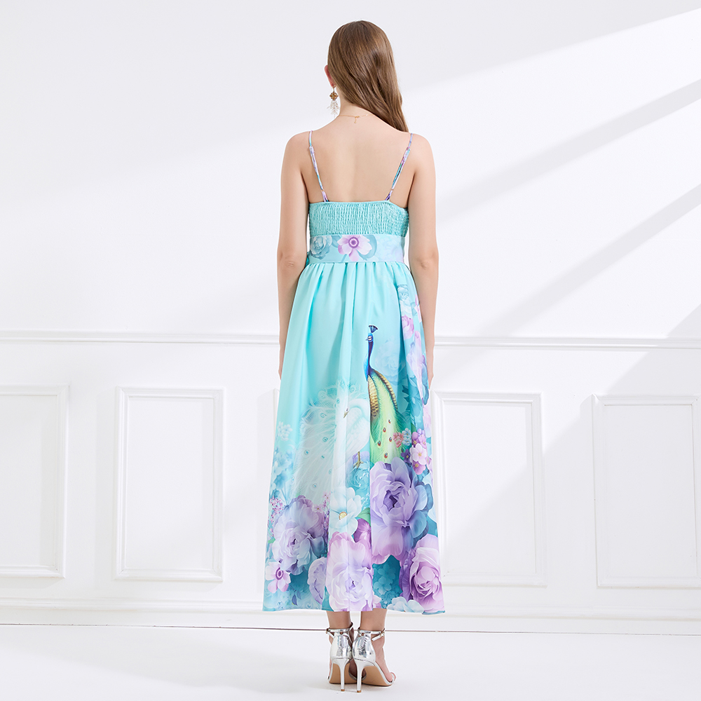 Vacation pinched waist summer sling printing painted bow dress