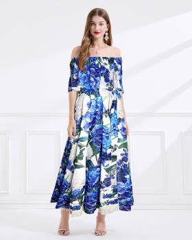 Printing pinched waist wear lotus leaf edges vacation dress