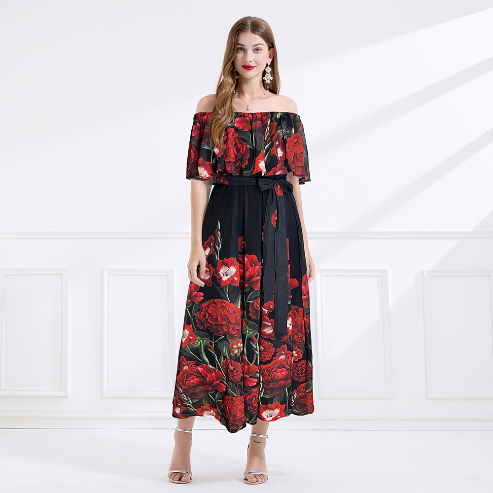 Wear flat shoulder pinched waist printing seaside dress