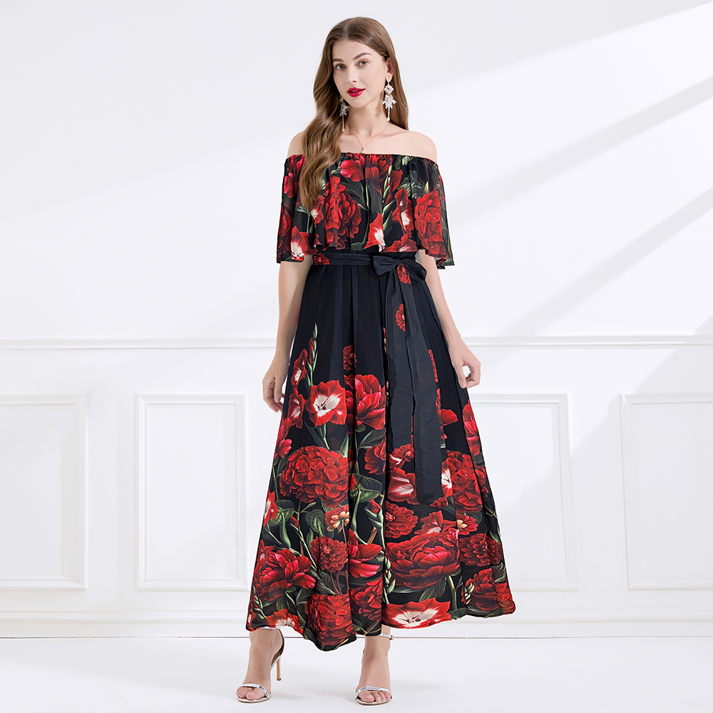Wear flat shoulder pinched waist printing seaside dress