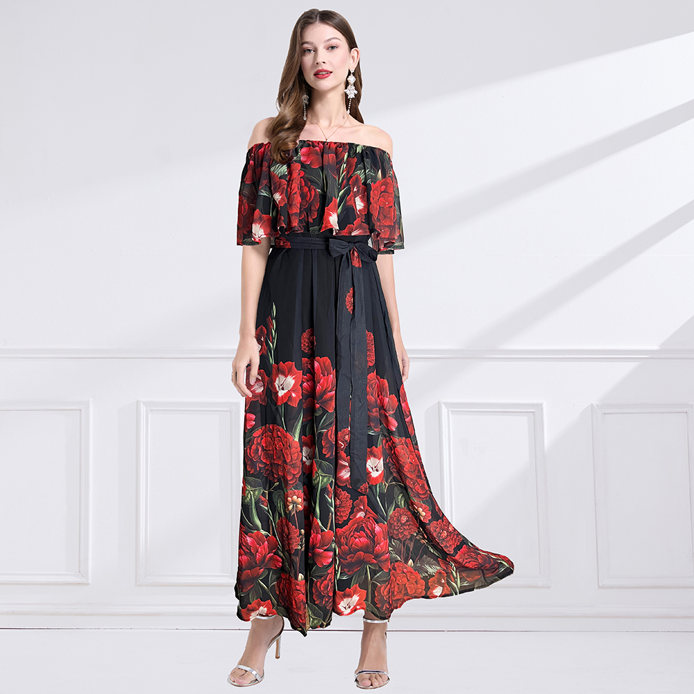 Wear flat shoulder pinched waist printing seaside dress