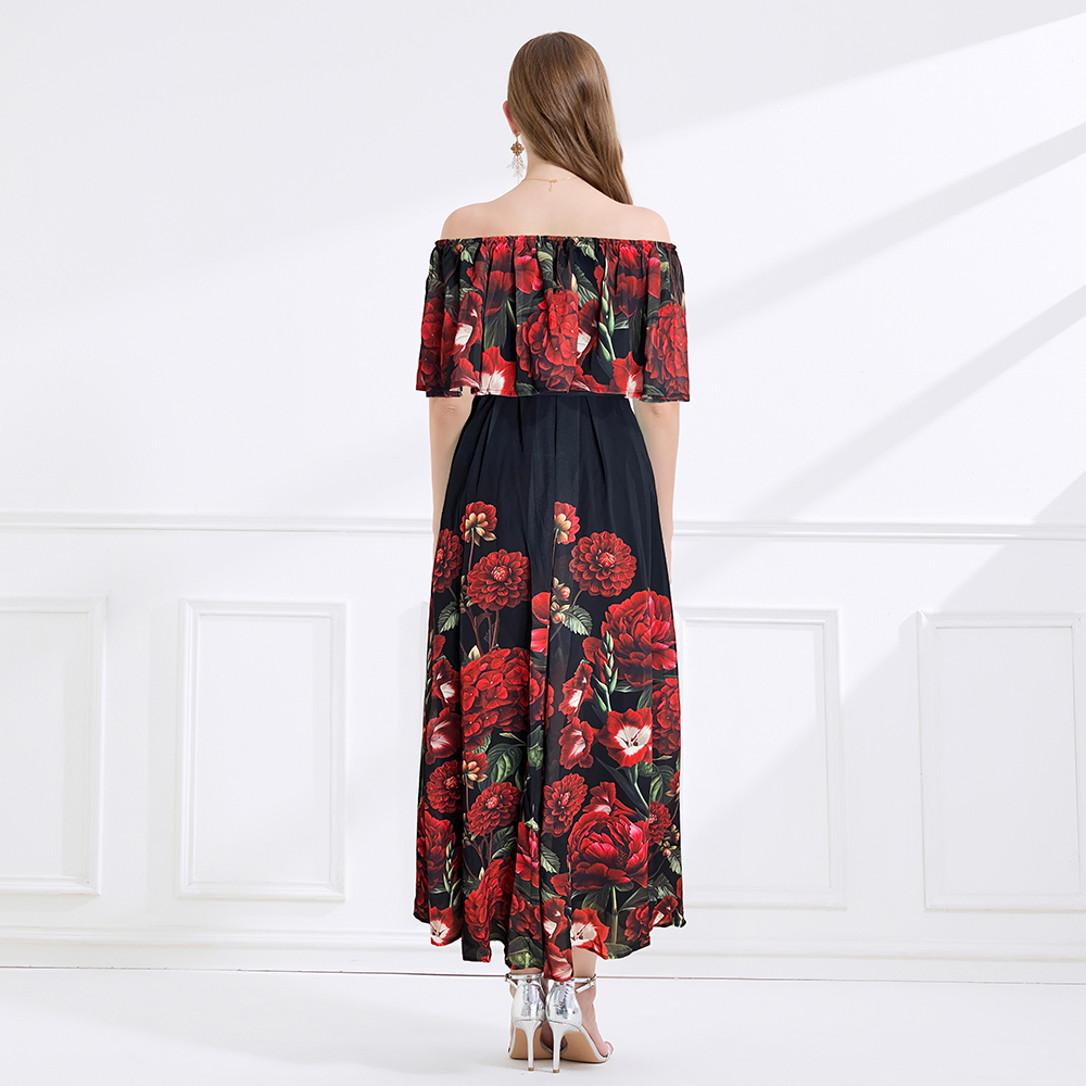 Wear flat shoulder pinched waist printing seaside dress