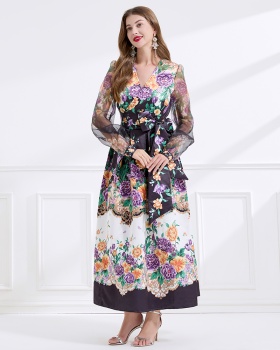 Cross collar frenum vacation printing dress