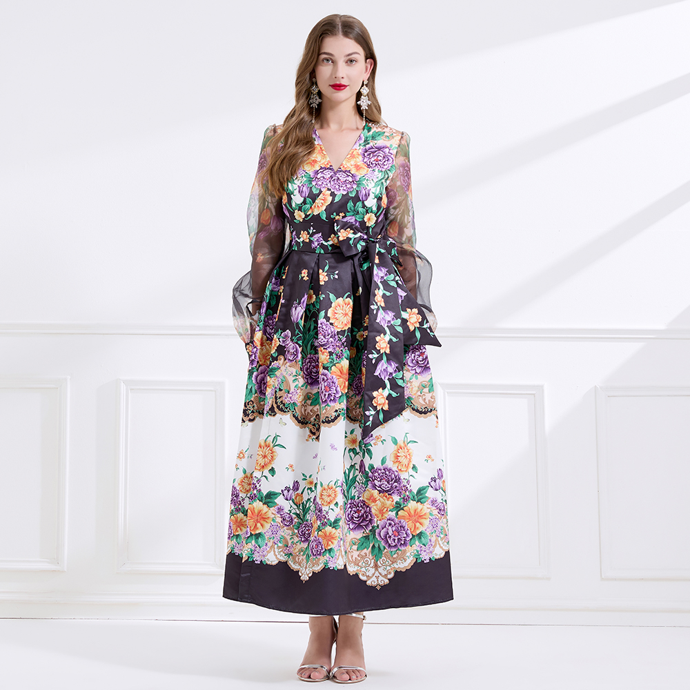 Cross collar frenum vacation printing dress