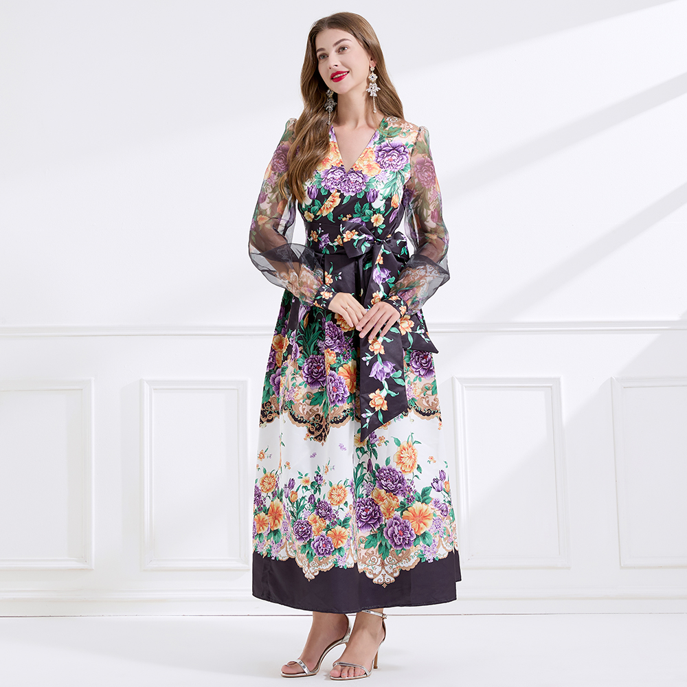 Cross collar frenum vacation printing dress