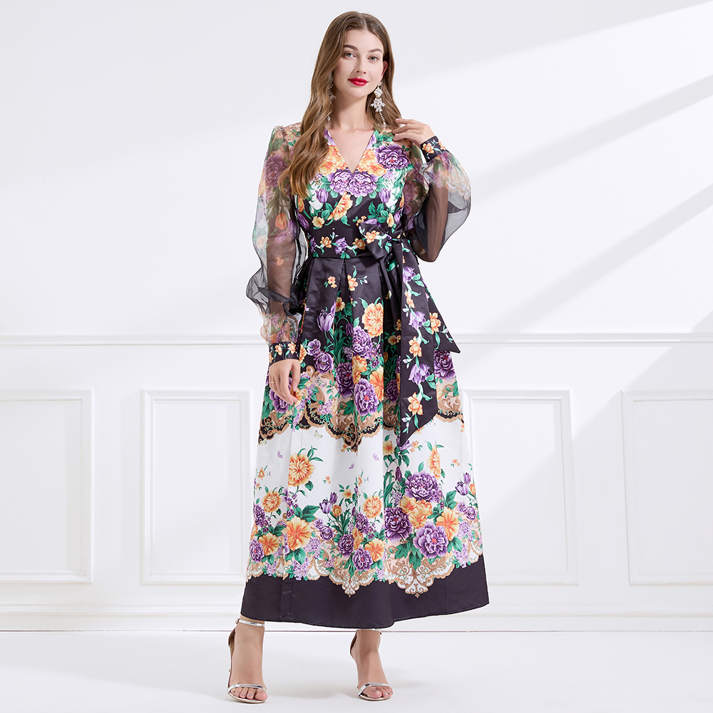 Cross collar frenum vacation printing dress