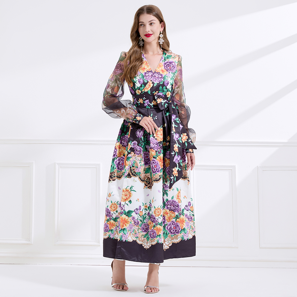 Cross collar frenum vacation printing dress