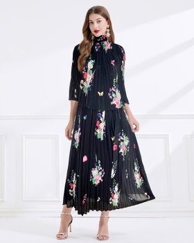 Summer printing chiffon frenum pleated long dress