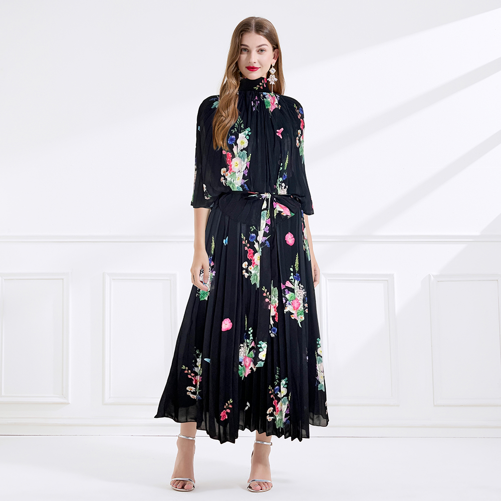 Summer printing chiffon frenum pleated long dress
