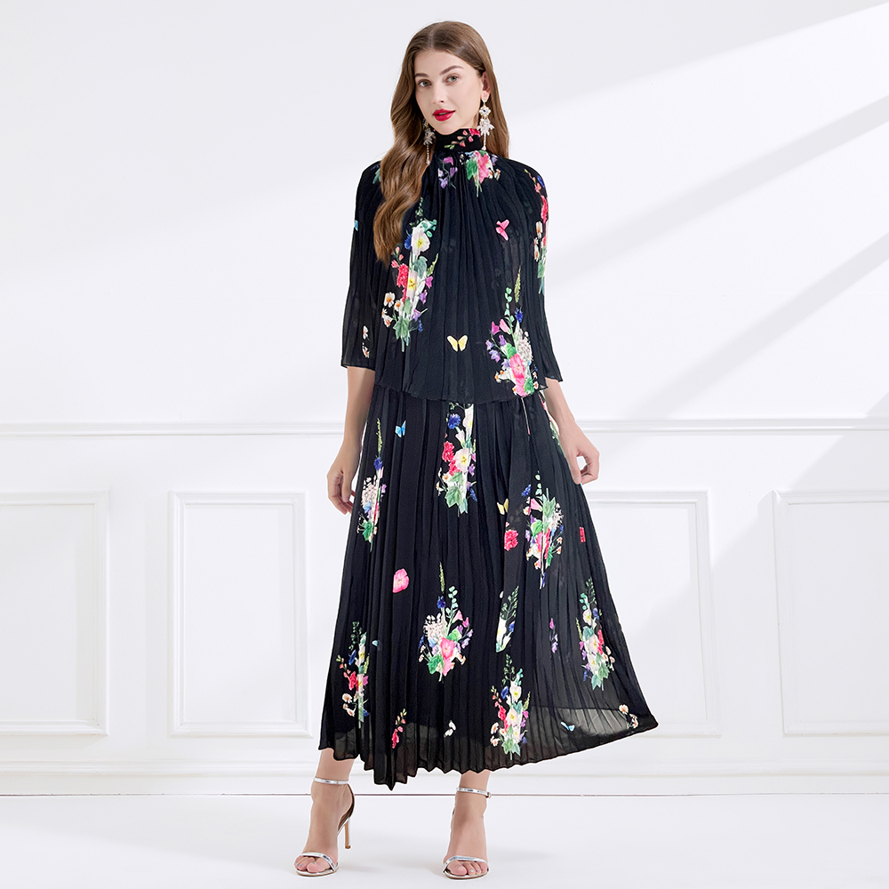 Summer printing chiffon frenum pleated long dress