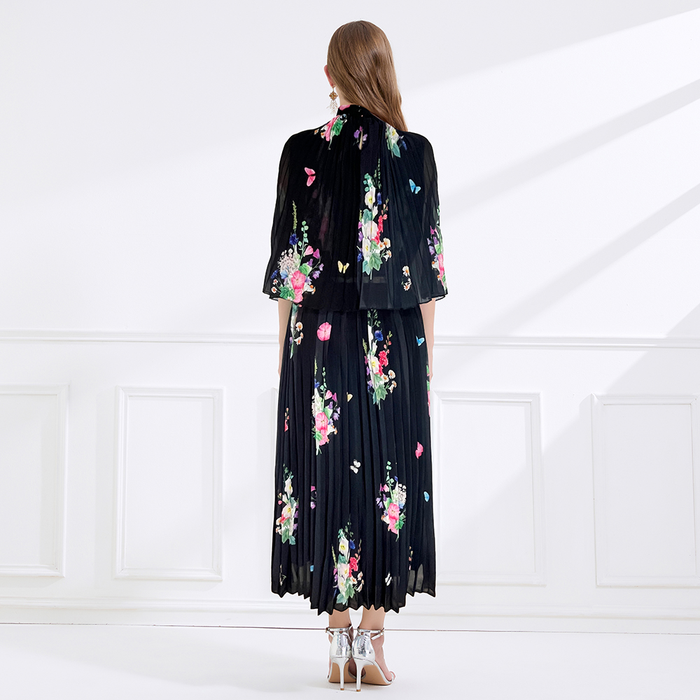 Summer printing chiffon frenum pleated long dress