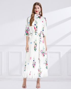 Summer chiffon frenum cstand collar printing long dress