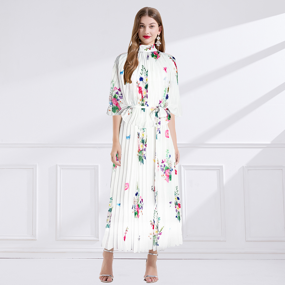 Summer chiffon frenum cstand collar printing long dress