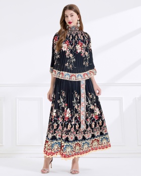 Printing pleated frenum vacation chiffon long dress