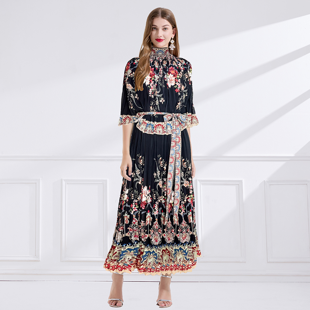 Printing pleated frenum vacation chiffon long dress