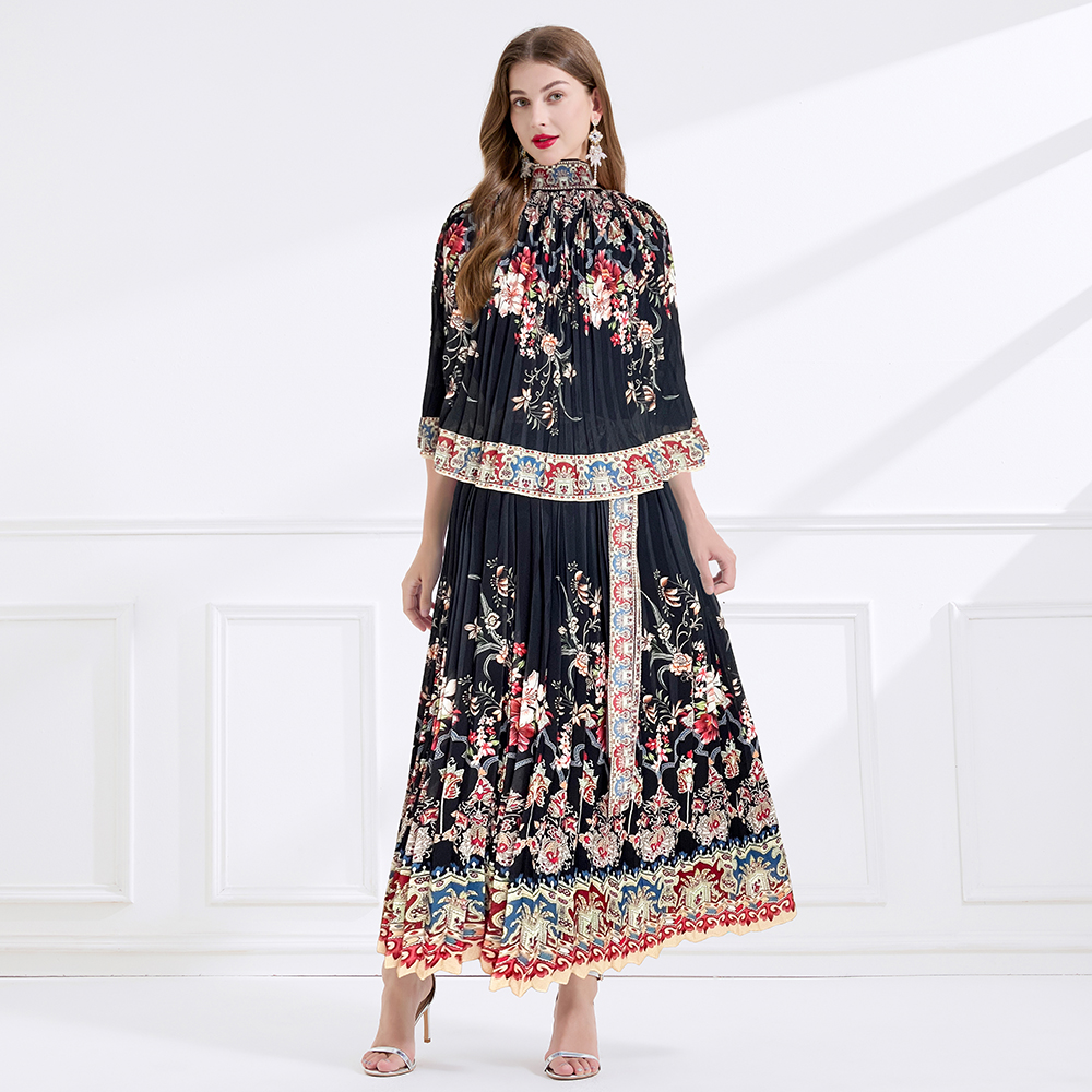 Printing pleated frenum vacation chiffon long dress