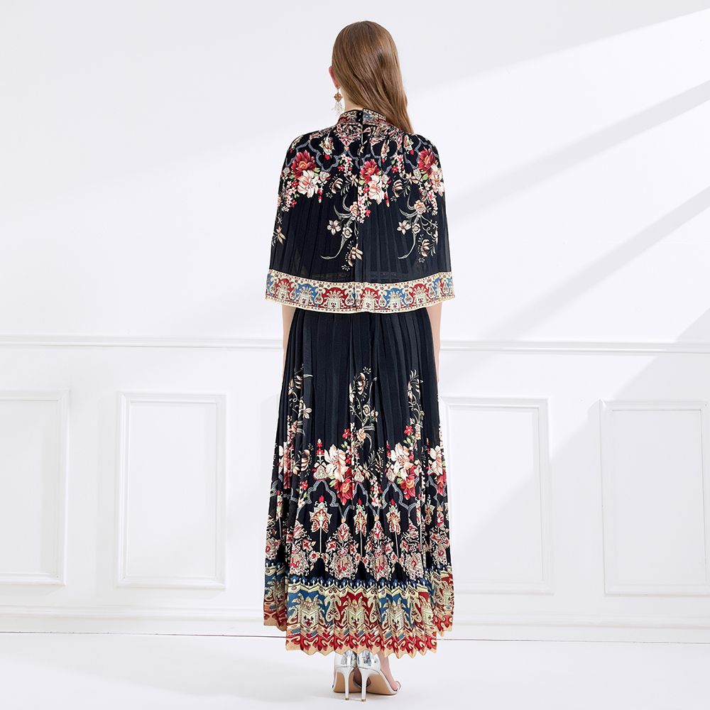 Printing pleated frenum vacation chiffon long dress