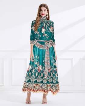 Chiffon printing cstand collar pleated frenum long dress