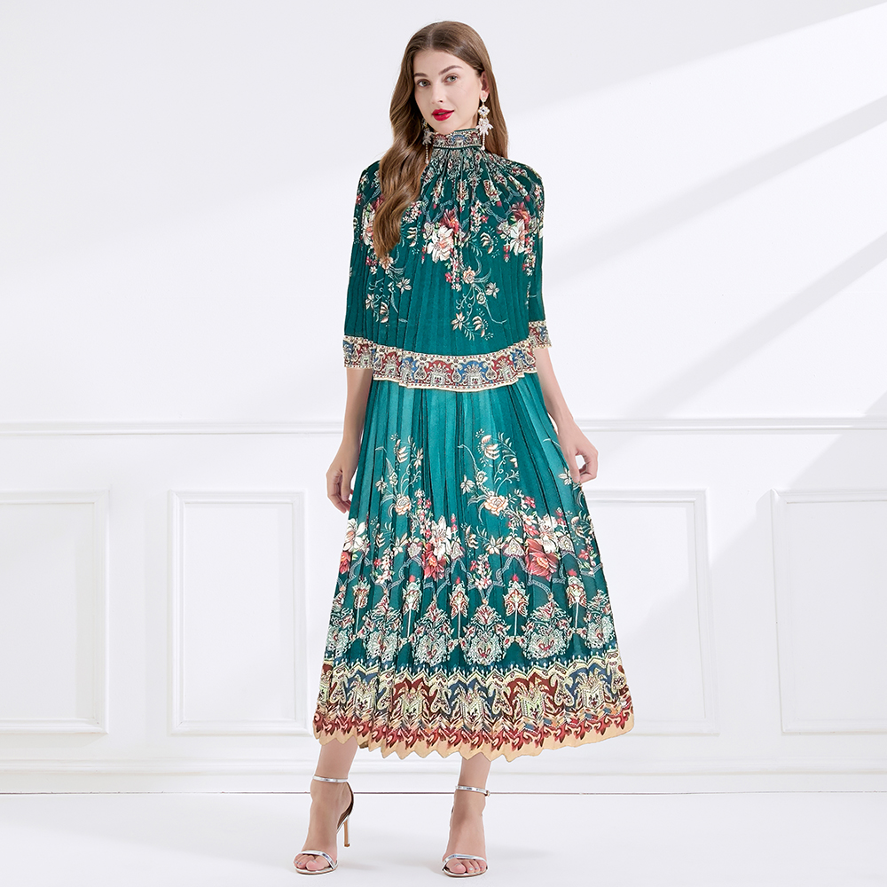 Chiffon printing cstand collar pleated frenum long dress