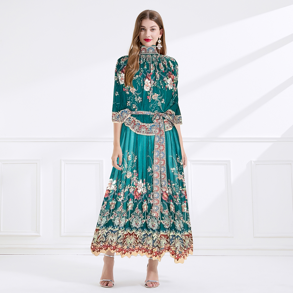 Chiffon printing cstand collar pleated frenum long dress
